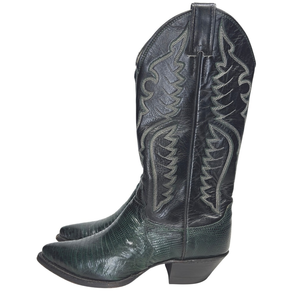 Justin Women's Black Green Reptile Skin Cowboy Boots Western Tall Boots Size 5